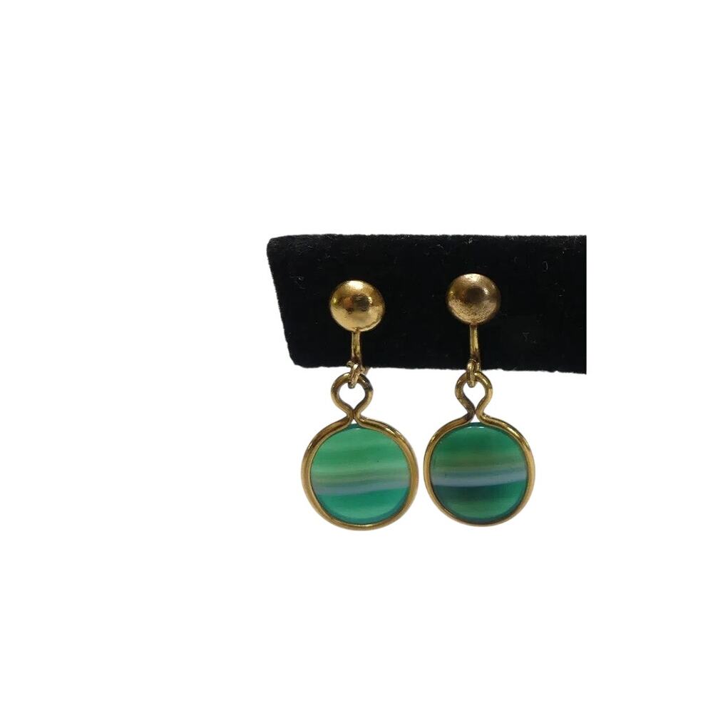 Vintage Green Agate Screw Back Earrings 10KT Gold Filled